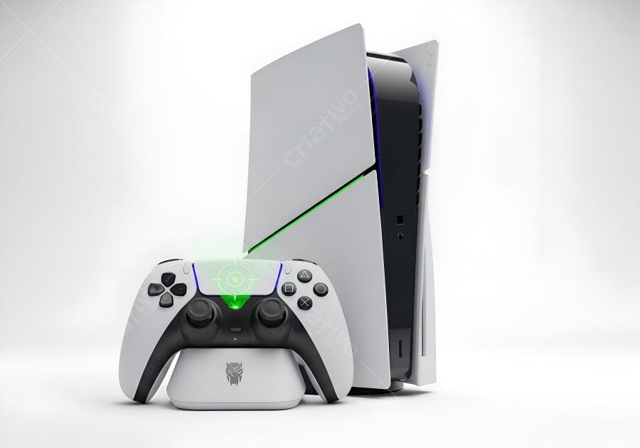 Console PlayStation 5 com controle DualSense em carregador em estúdio