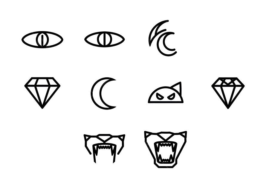 Ícones vetoriais olhos felinos diamantes luas e mandíbulas de tigre geométricos minimalistas