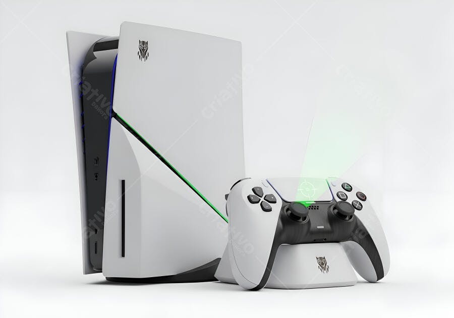 Console PlayStation 5 branco customizado Pantera Negra com controle e base