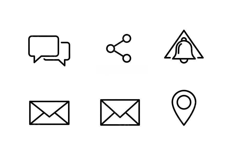 Ícones digitais pretos e brancos comunicação redes sociais alertas location