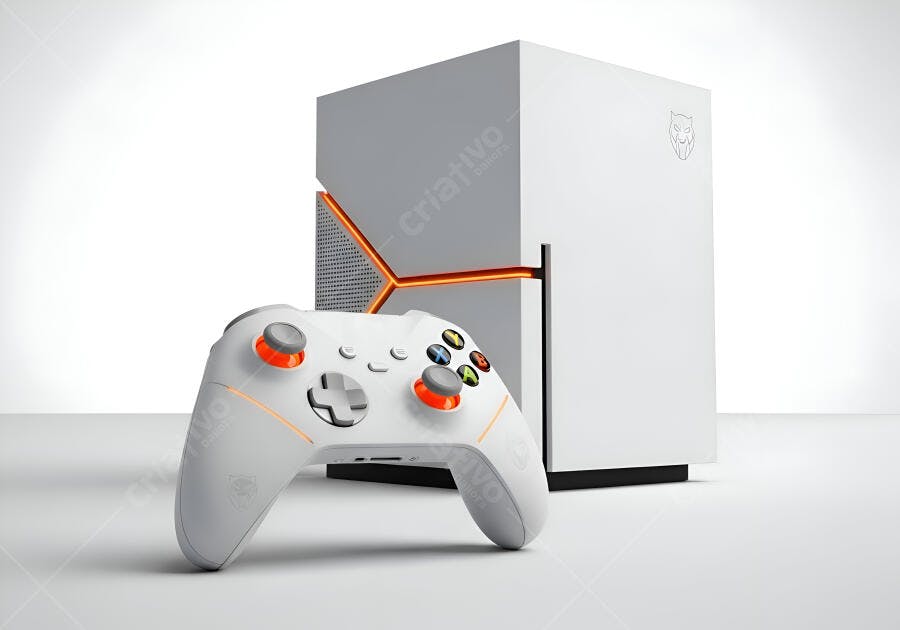 Console de videogame branco e controle gamer sem fio com detalhes laranja
