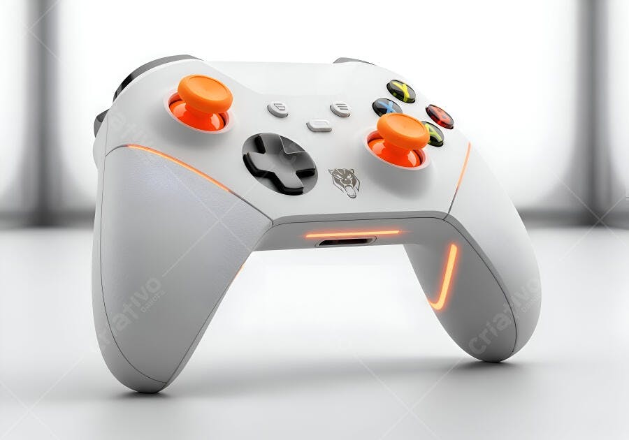 Controle de videogame branco com detalhes laranja vibrante e iluminação LED em estúdio moderno