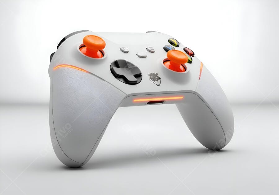 Controle de videogame branco com detalhes laranja em estúdio moderno