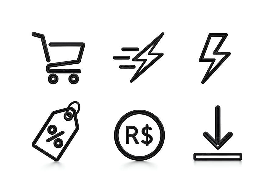 Ícones 3D pretos de compras dinheiro download e energia em fundo branco