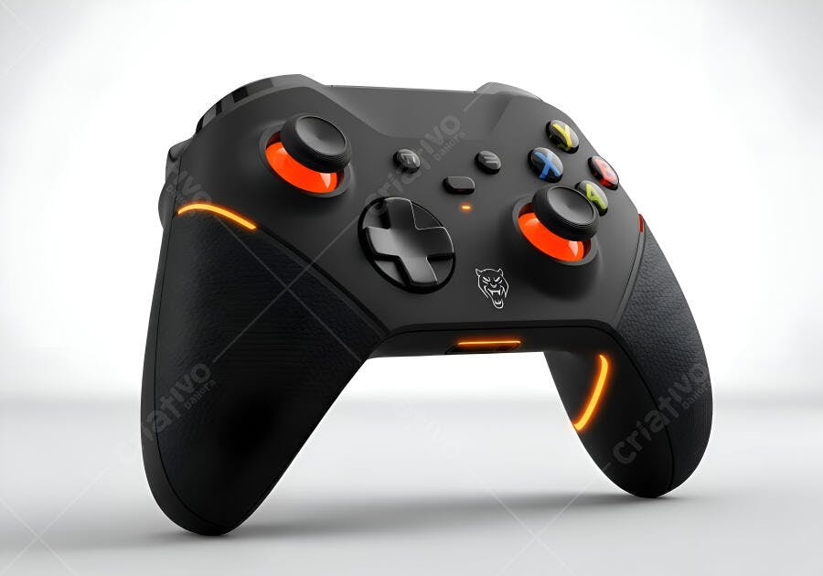 Controle de videogame preto com iluminação LED laranja design moderno