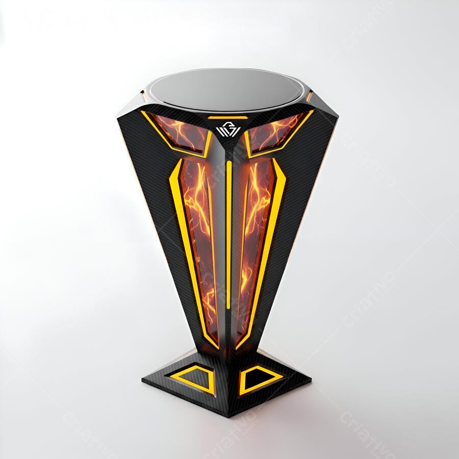Troféu futurista preto e amarelo com efeito de chamas internas em estúdio