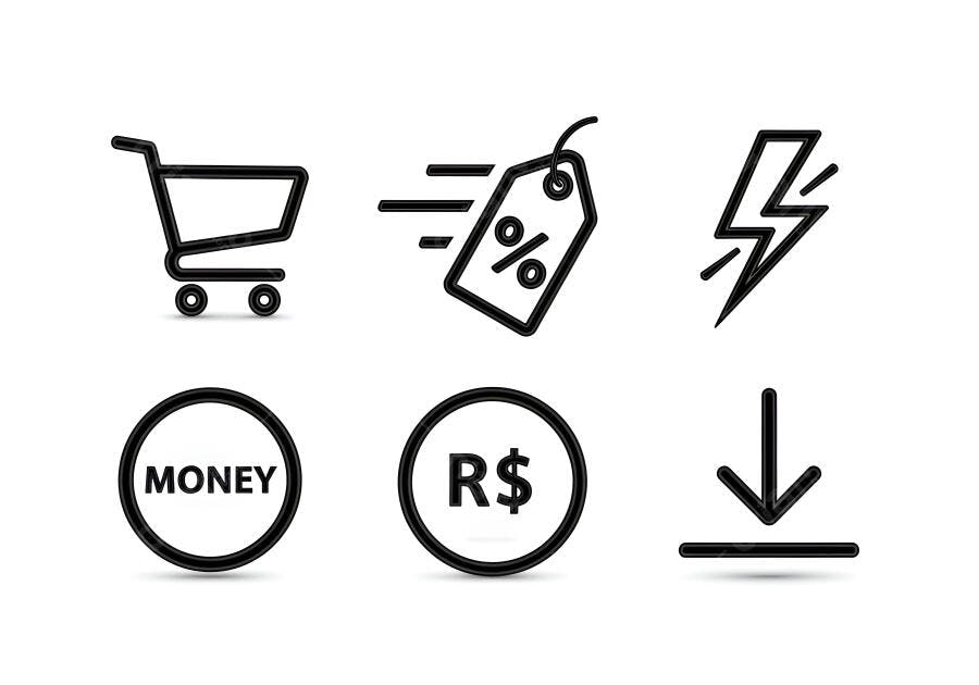 Ícones de compras online ofertas dinheiro e download em preto e branco