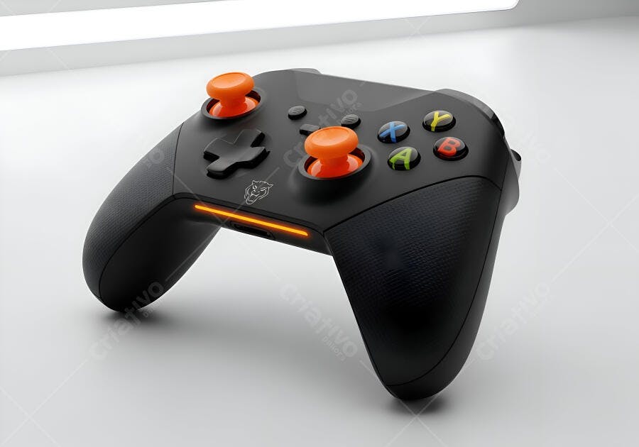 Controle de jogo preto com detalhes laranja e botões coloridos em estúdio
