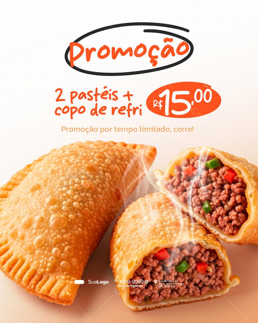 Flyer de Comida Promoção 2 Pastéis e Refri por R$15 PSD Editável