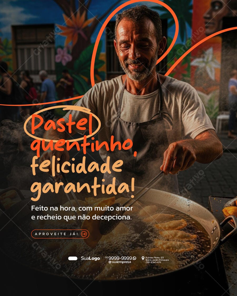 Flyer para Pastel Quentinho Felicidade Garantida PSD Editável