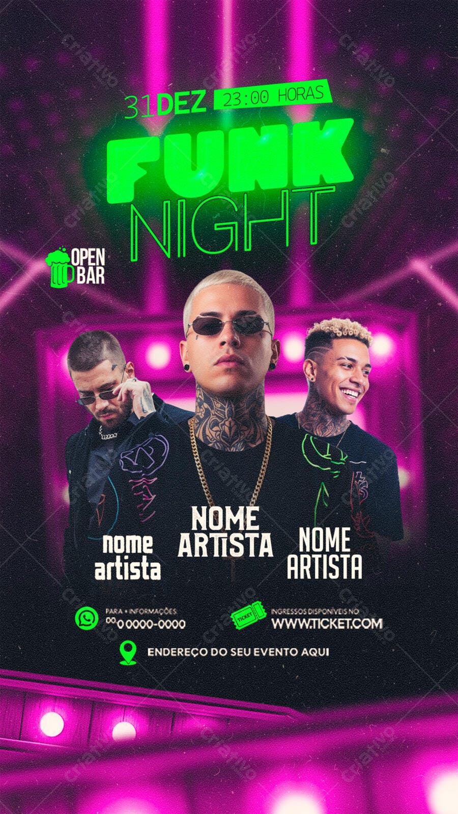 Flyer para Balada Funk Night Neon com Artistas Tatuados PSD Editável