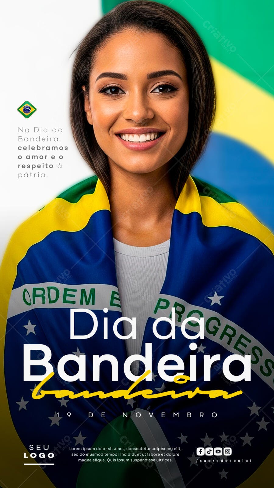 Post Social Dia da Bandeira Mulher com Bandeira do Brasil PSD Editável