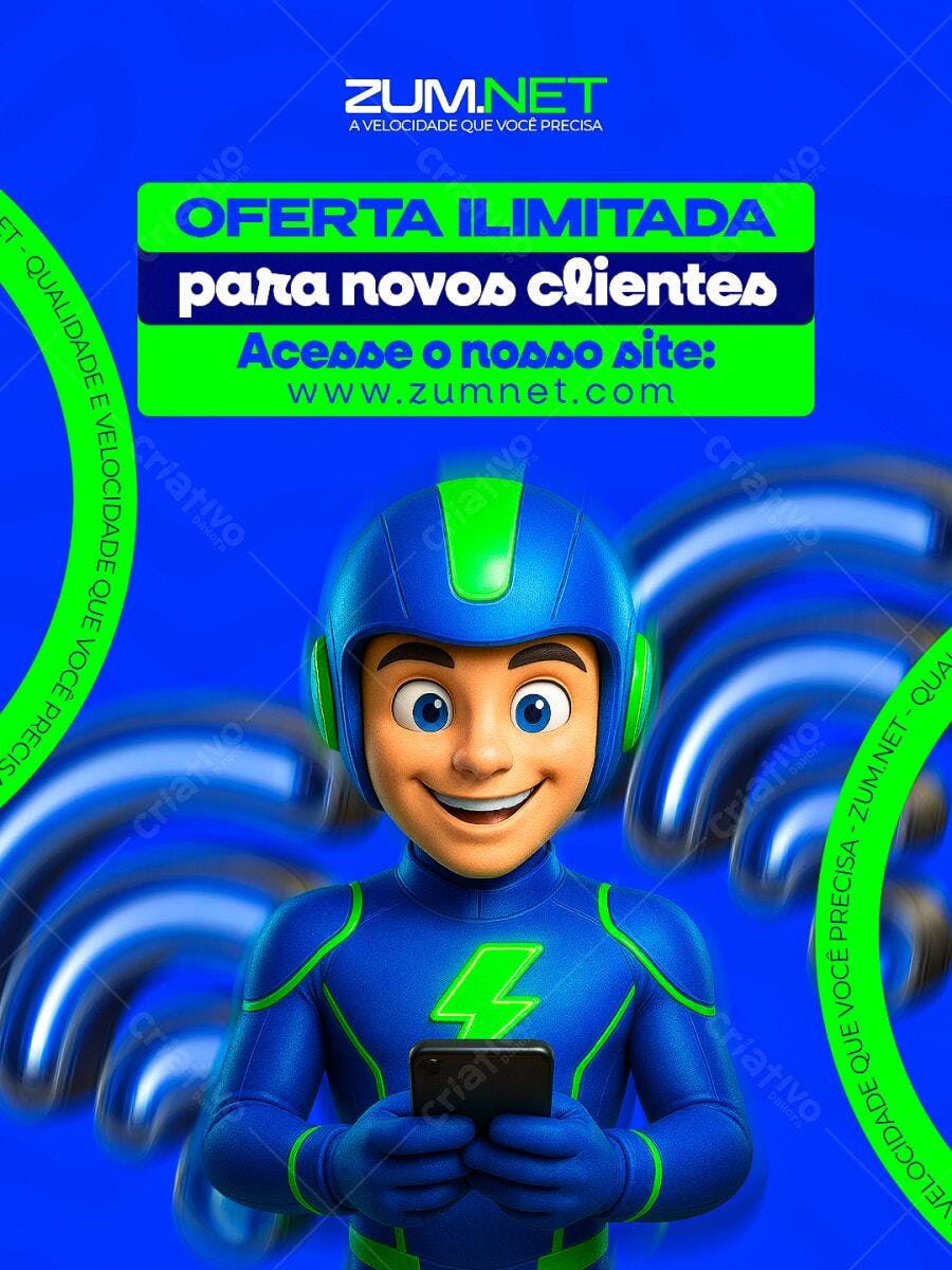 Flyer para Oferta Ilimitada ZUM.NET com Herói 3D PSD Editável