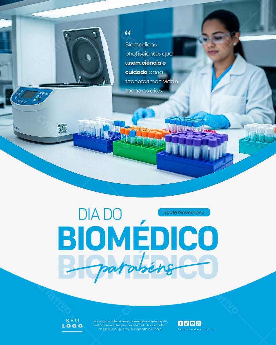 Flyer Dia do Biomédico com Cientista em Laboratório PSD Editável