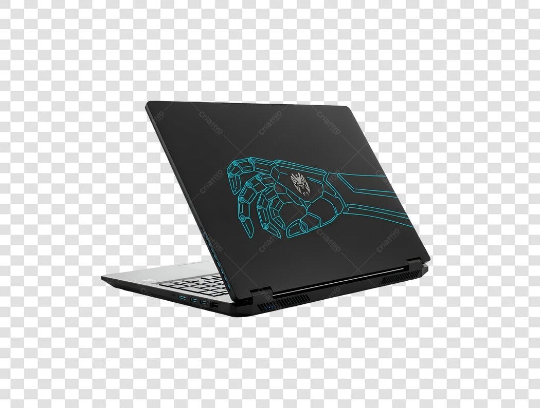 Notebook Gamer Design Cibernético Mão Robótica Azul Neon PNG com fundo transparente