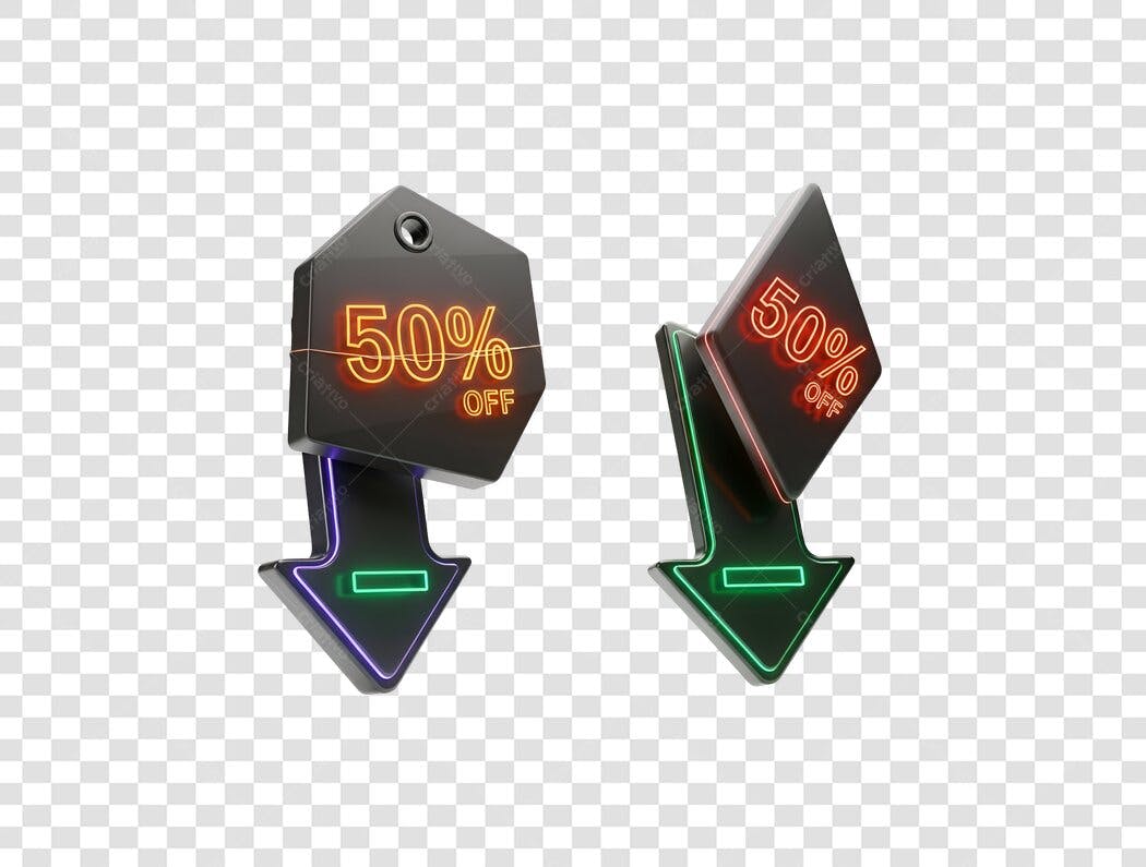 Selo de Desconto 50% OFF com Seta Neon PNG com fundo transparente