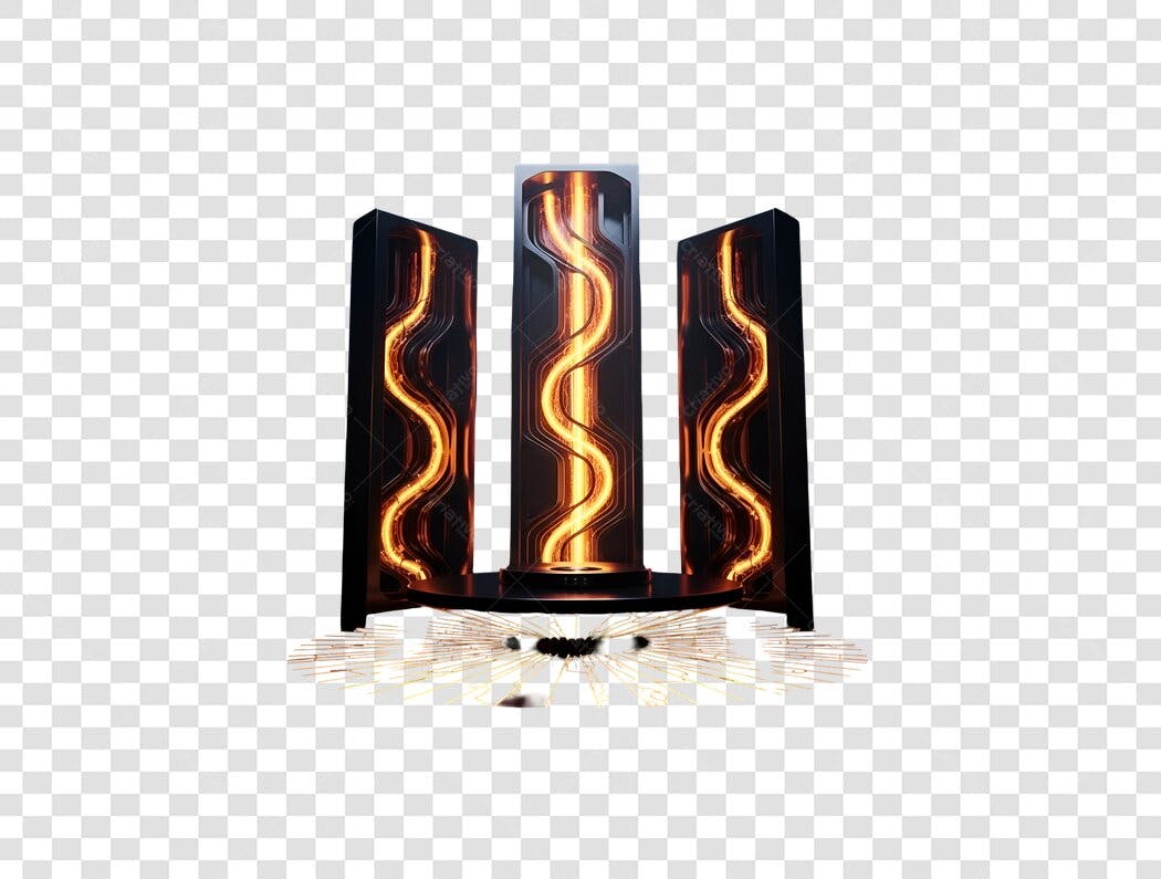 Pódio digital futurista com pilares escuros e luz laranja PNG com fundo transparente