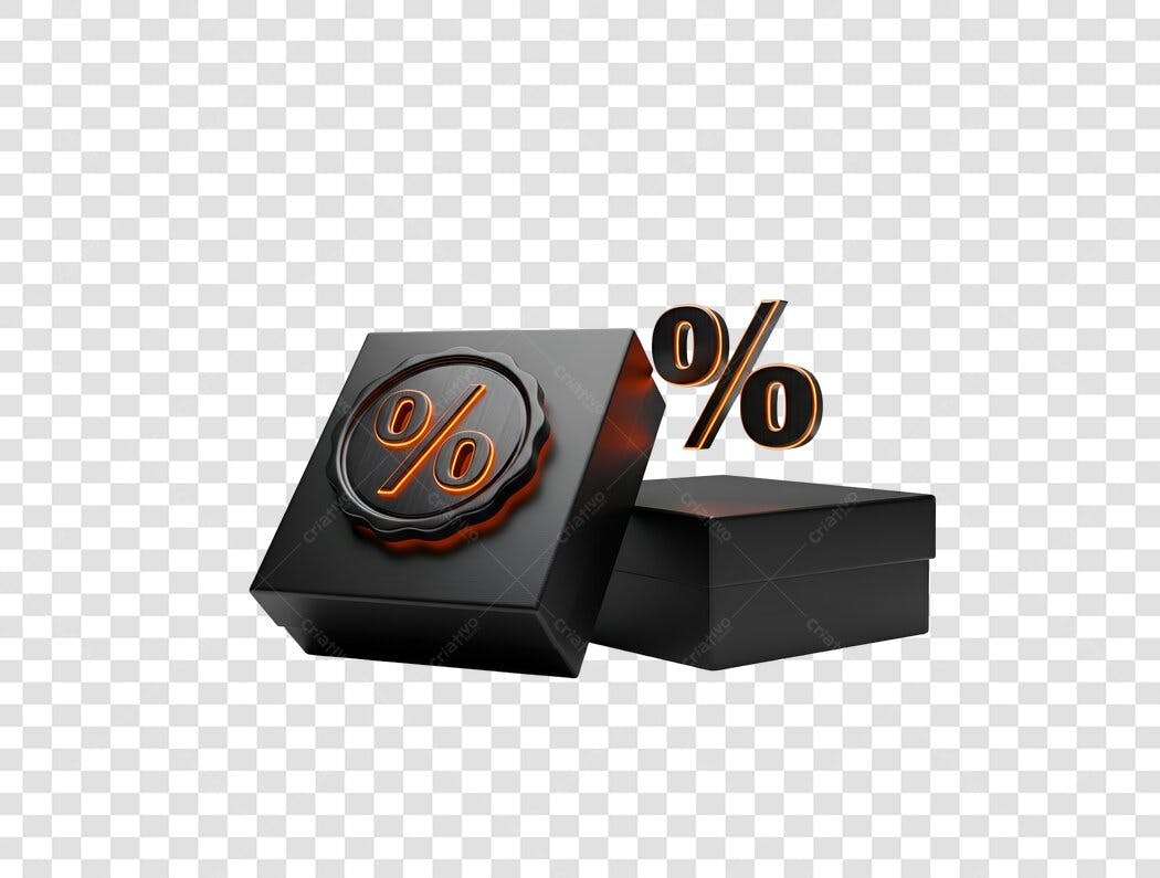 Ícone 3D de desconto e promoção para e-commerce em preto e laranja PNG com fundo transparente