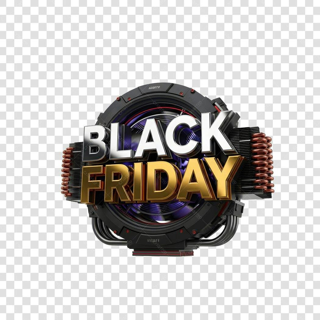 Título 3D Black Friday estilo tech com letras douradas e prateadas PNG com fundo transparente
