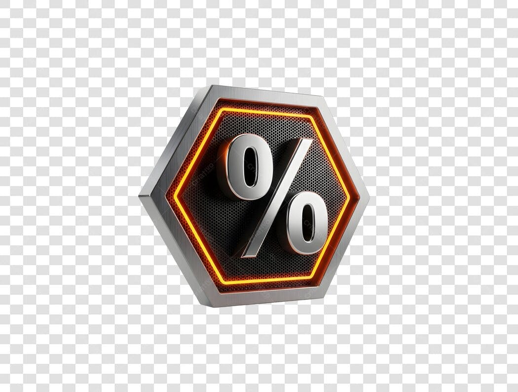Icone de Desconto Porcentagem 3D Metálico Laranja Neon PNG com fundo transparente