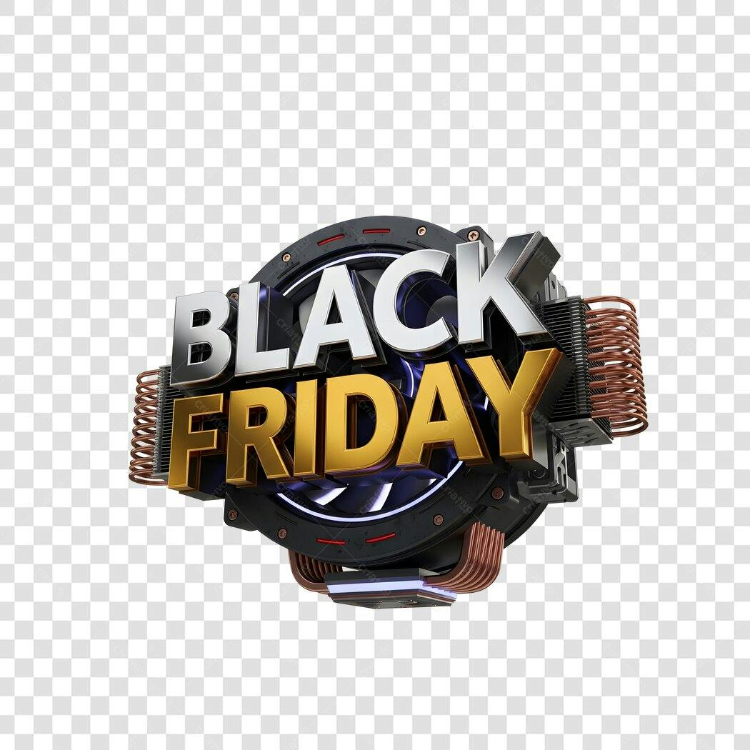 Selo Promocional Black Friday 3D Prata Dourado Elemento Mecânico PNG com fundo transparente