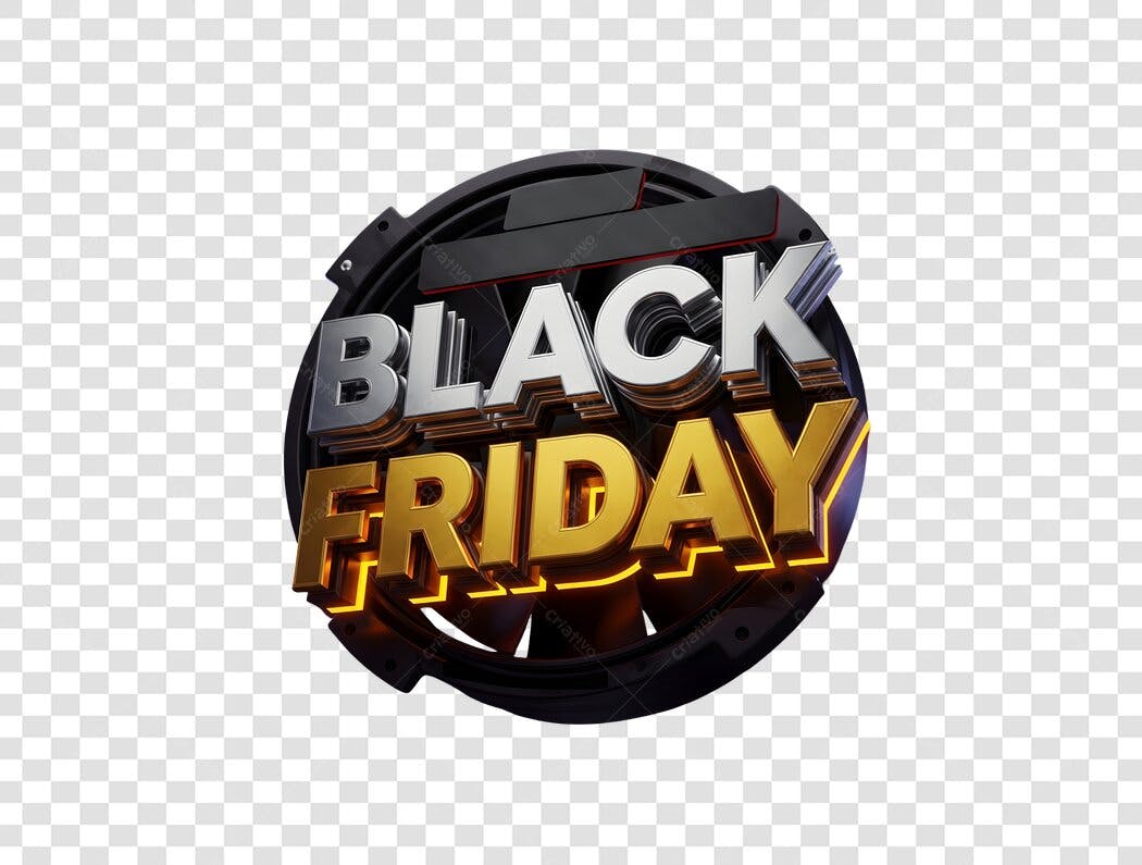 Selo Black Friday 3D metálico com letras douradas e prateadas PNG com fundo transparente