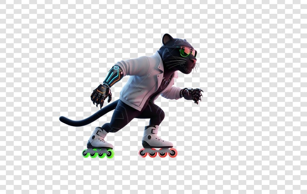Personagem 3D Pantera Negra cyberpunk patinando PNG com fundo transparente