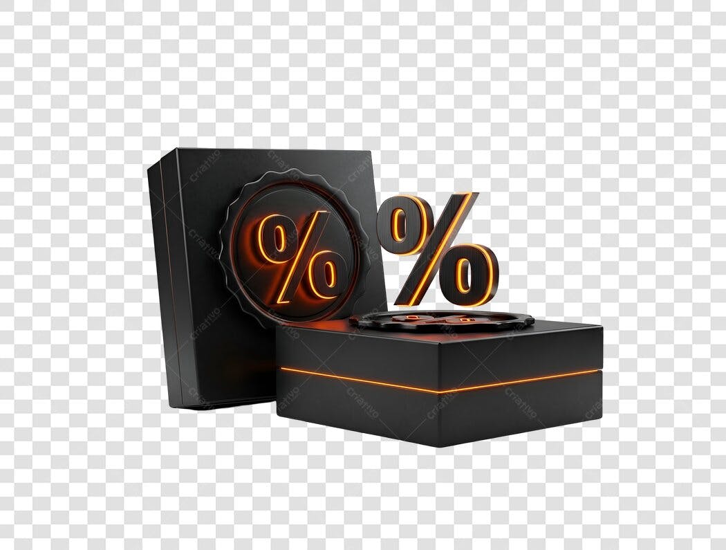 Ícone 3D de Porcentagem para Desconto e Promoções Black Friday Preto Laranja Neon PNG com fundo transparente