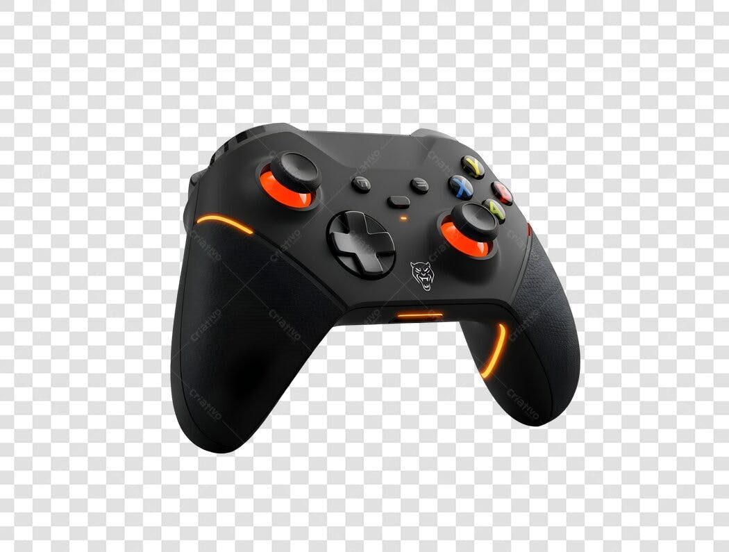 Controle Gamer Preto Iluminação Laranja Logo Pantera PNG com fundo transparente