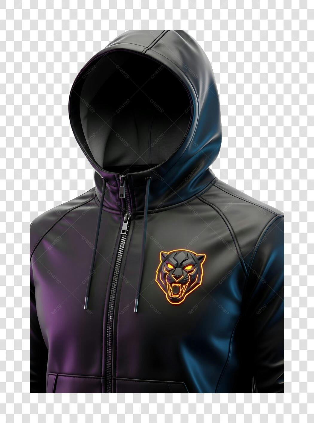 Jaqueta preta com capuz logo pantera neon PNG com fundo transparente