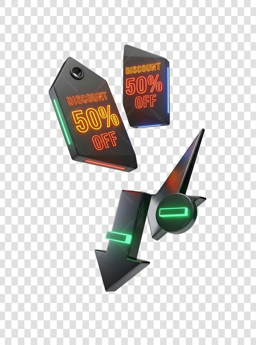 Selo de Desconto 50% OFF com Seta Ícone de Redução Cores Neon PNG com fundo transparente