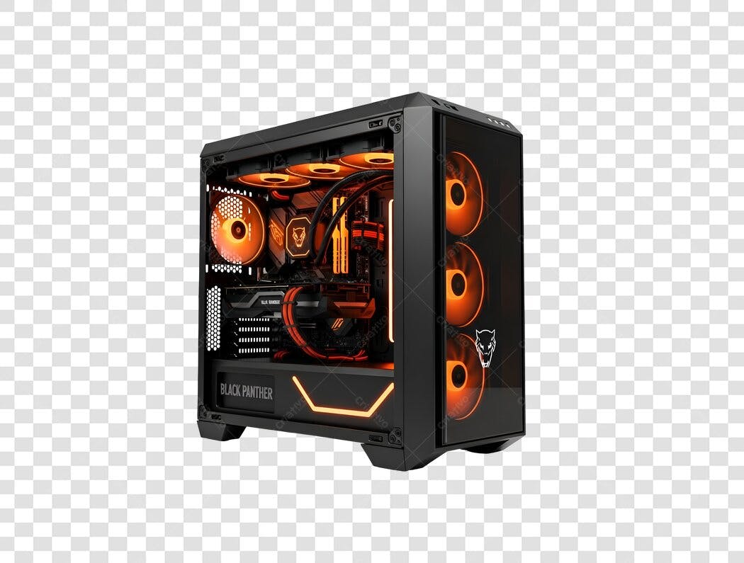 PC Gamer de mesa preto com luzes laranja RGB PNG com fundo transparente