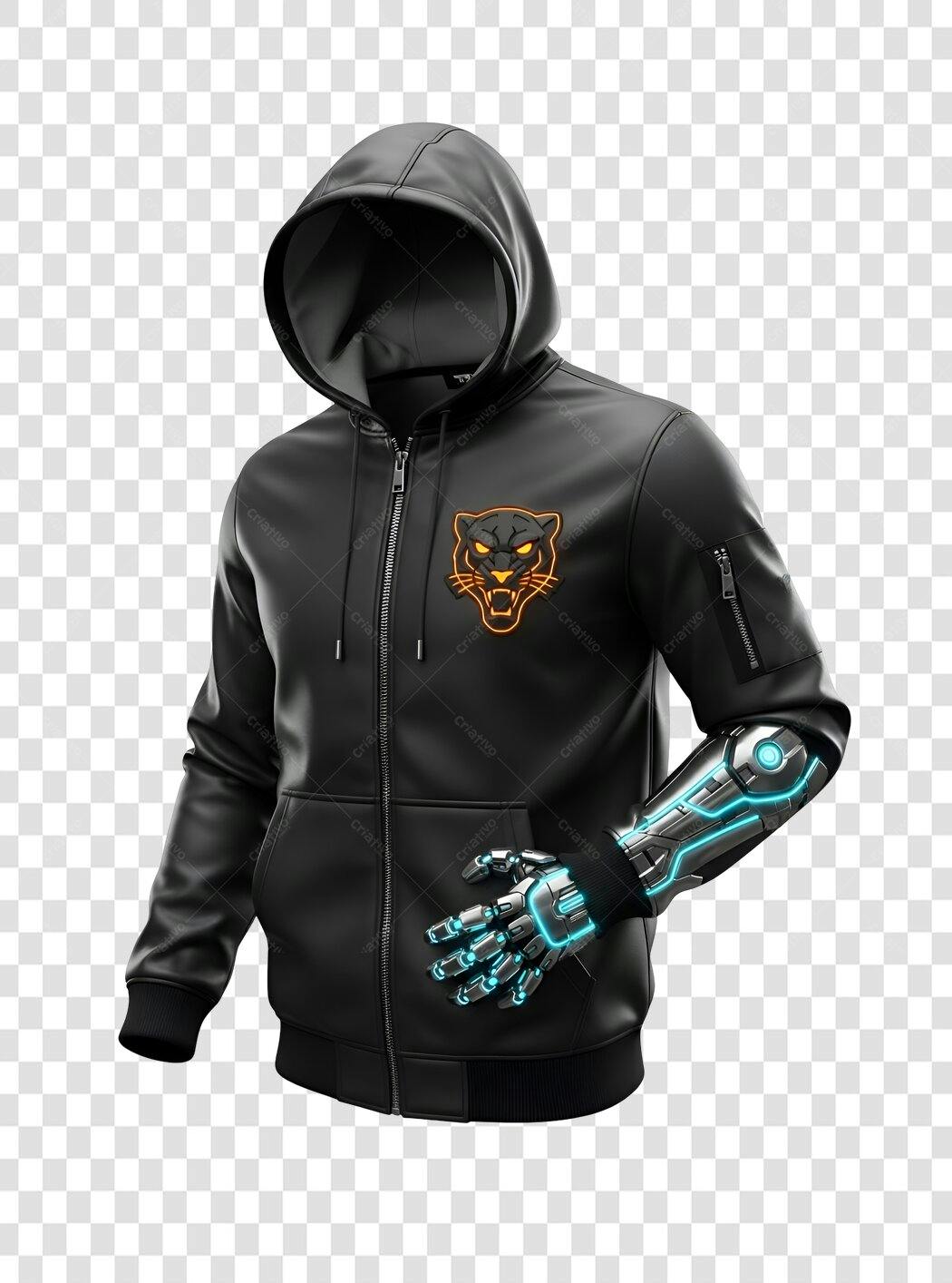 Ilustração 3D Moletom Capuz Preto Braço Robótico Pantera Neon PNG com fundo transparente