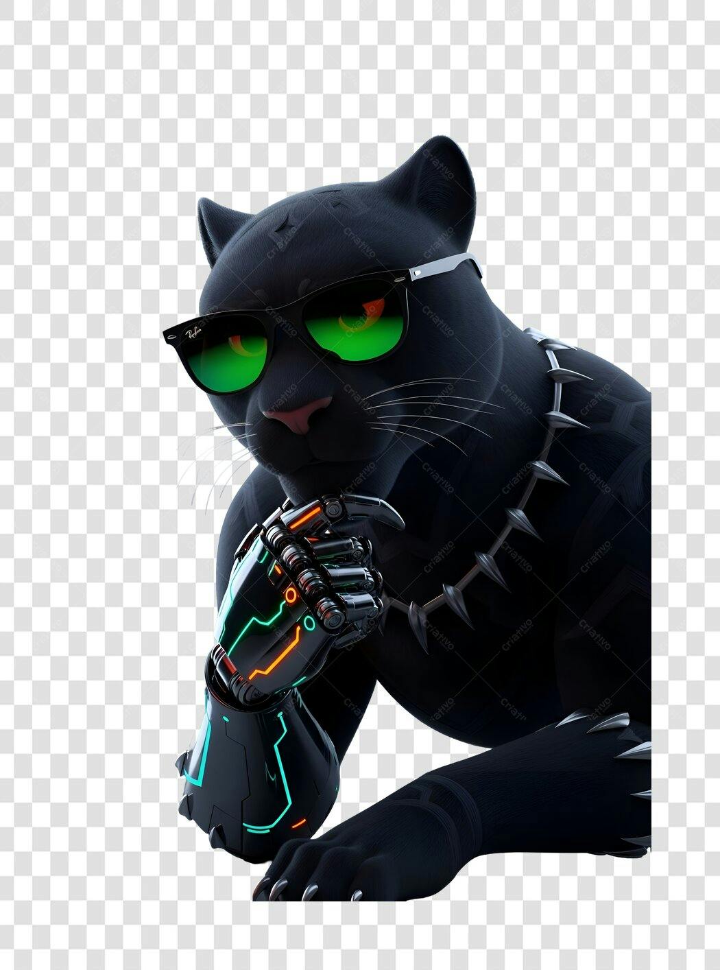 Mascote Pantera Negra Ciberpunk Braço Biônico Óculos Neon PNG com fundo transparente