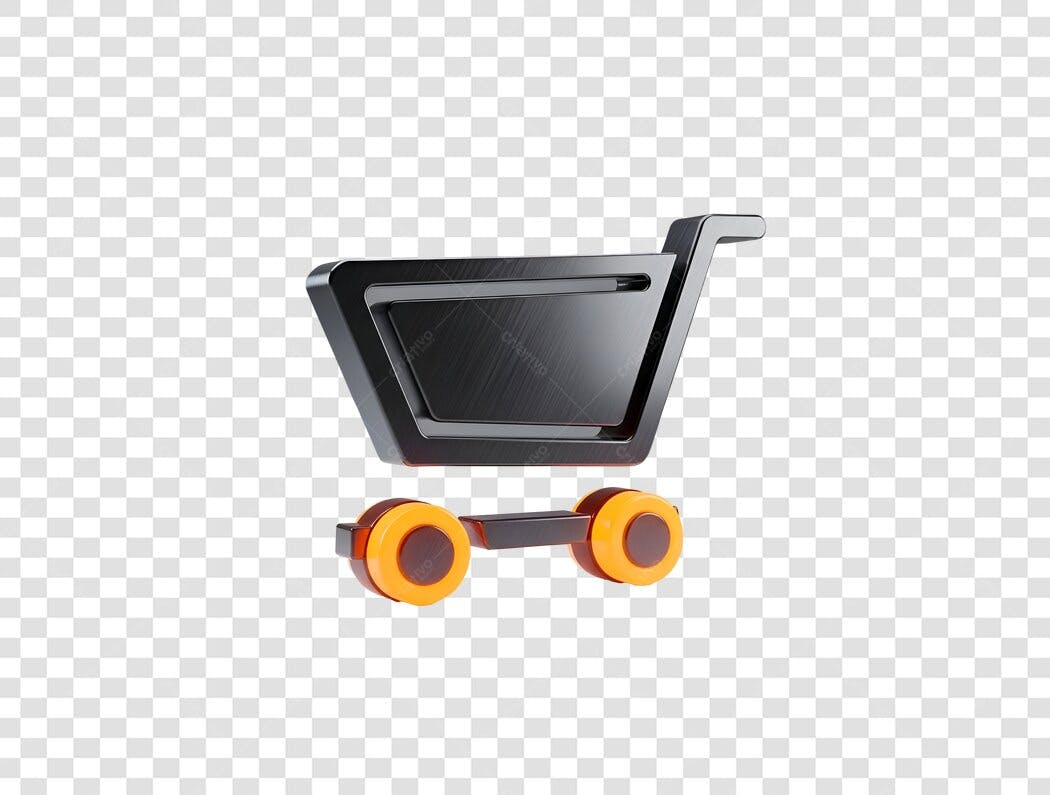 Icone carrinho de compras 3D preto e laranja PNG com fundo transparente