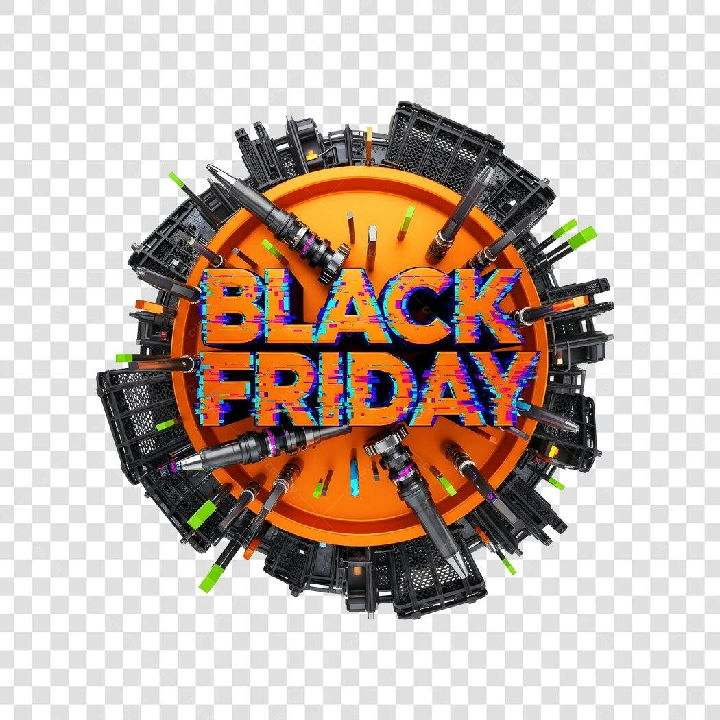 Emblema Black Friday 3D Glitch Laranja Preto PNG com Fundo Transparente