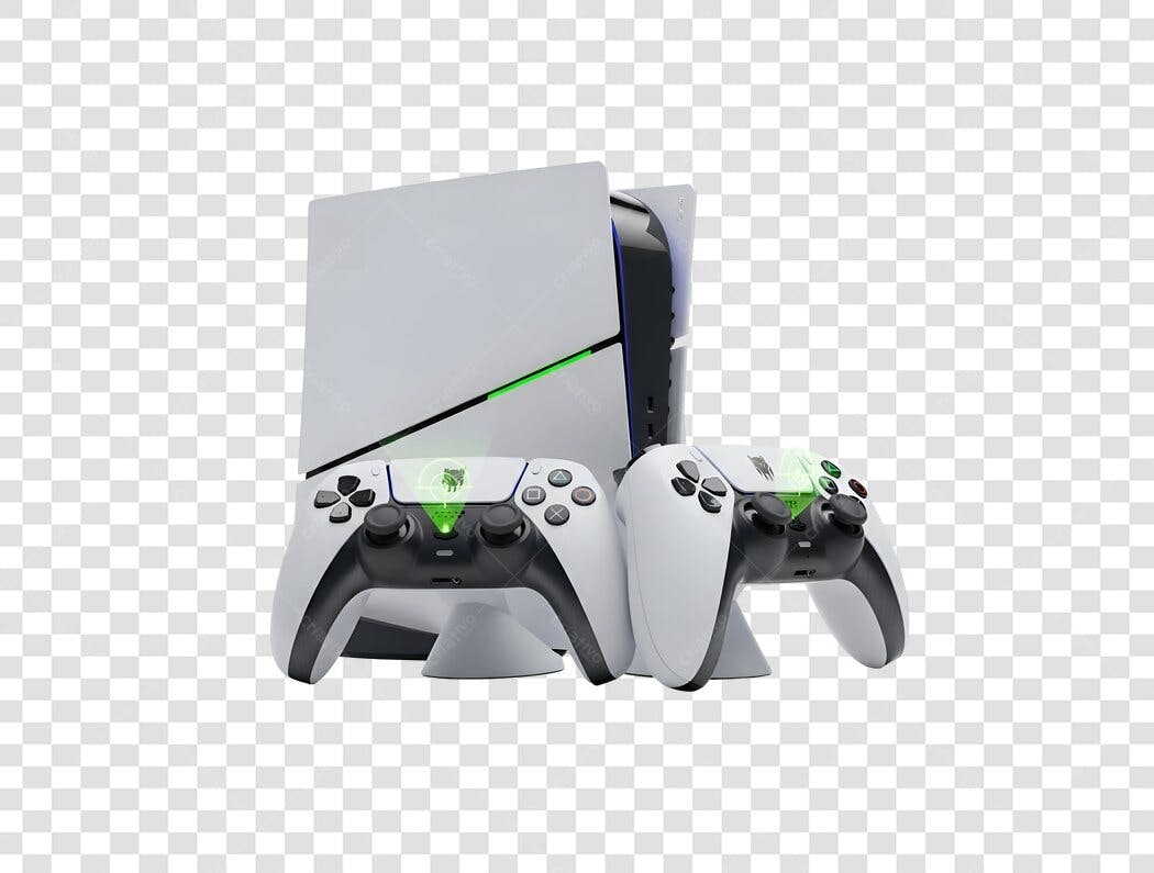 Imagem de Produto Console PlayStation 5 PS5 e Controles Brancos PNG com fundo transparente