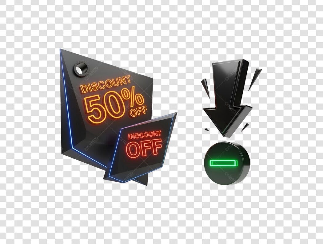 Selo de Desconto 50 OFF e Redução de Preço Neon 3D PNG com fundo transparente