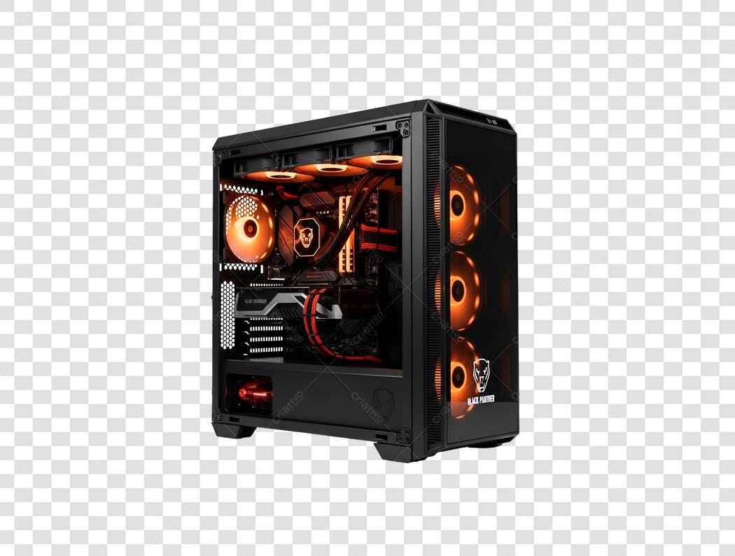 Imagem de Computador Gamer PC Preto Luzes Laranja PNG com fundo transparente