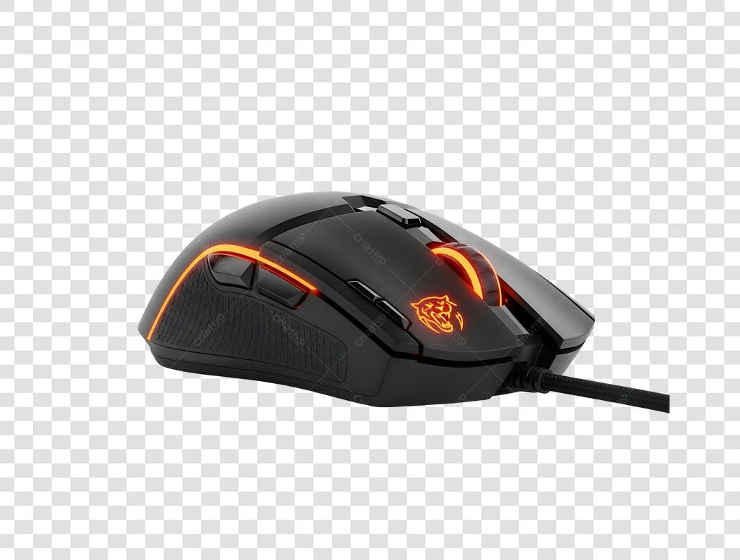 Mouse Gamer Preto com LED Laranja Logo Tigre PNG com fundo transparente