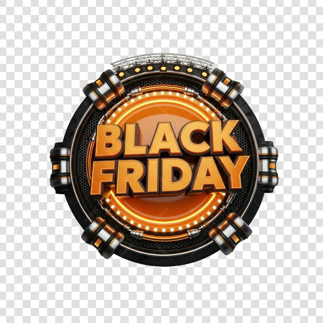 Selo Black Friday promoções com luzes neon e detalhes metálicos PNG com fundo transparente