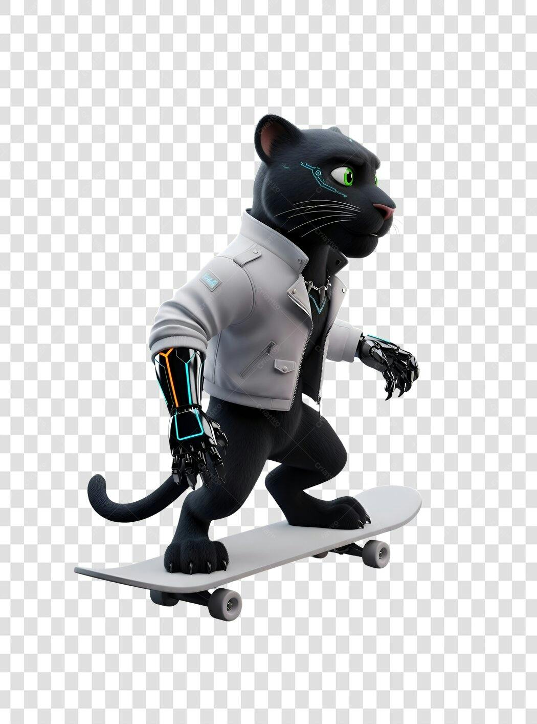 Ilustração 3D Pantera Negra Skatista Cibernética Casaco Branco Olhos Verdes PNG com fundo transparente