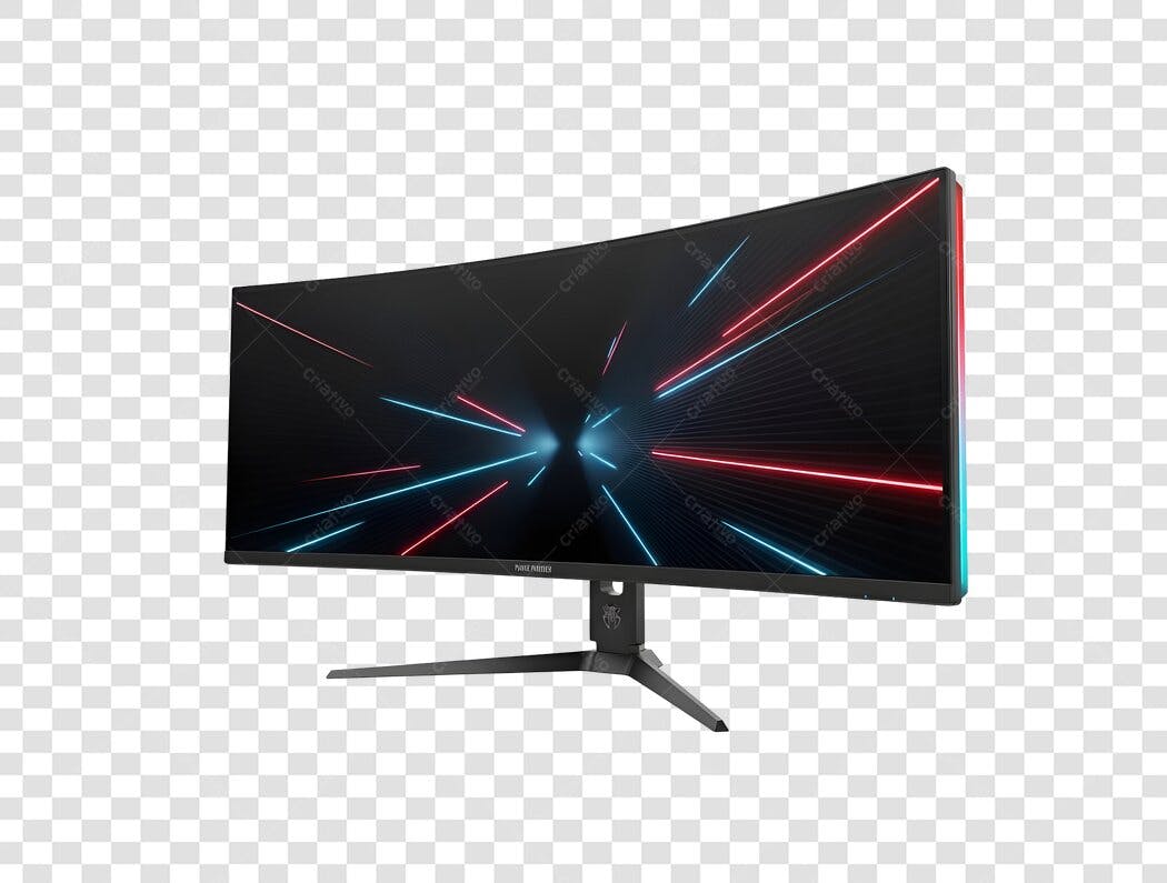 Monitor Gamer Curvo com Luzes Neon Vermelhas e Azuis PNG com fundo transparente