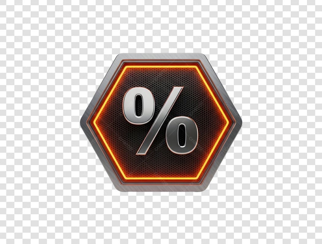 Símbolo de Desconto Porcentagem 3D Metálico Laranja Neon PNG com fundo transparente