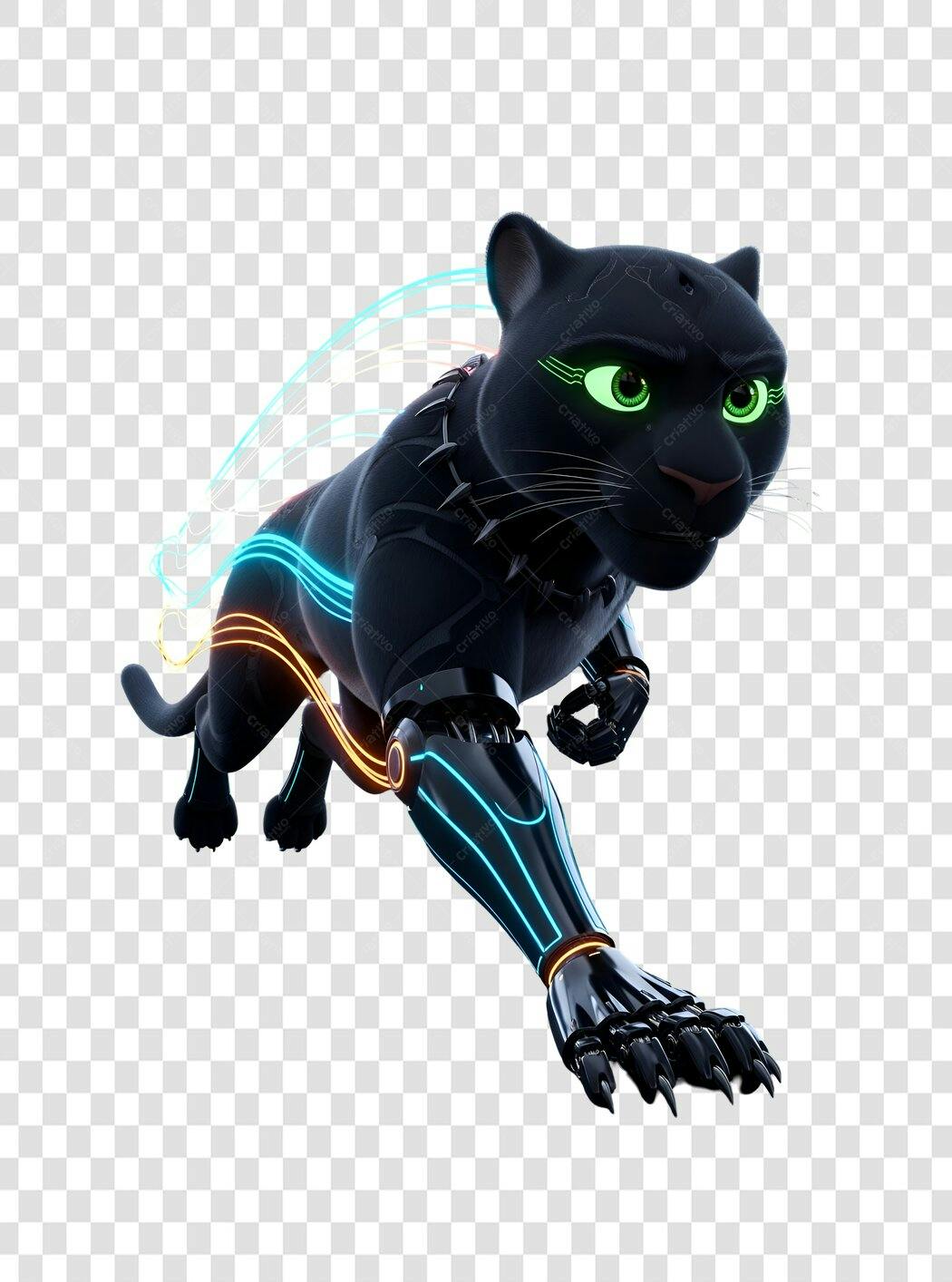 Ilustração Pantera Negra Cibernética Neon Olhos Verdes PNG com fundo transparente