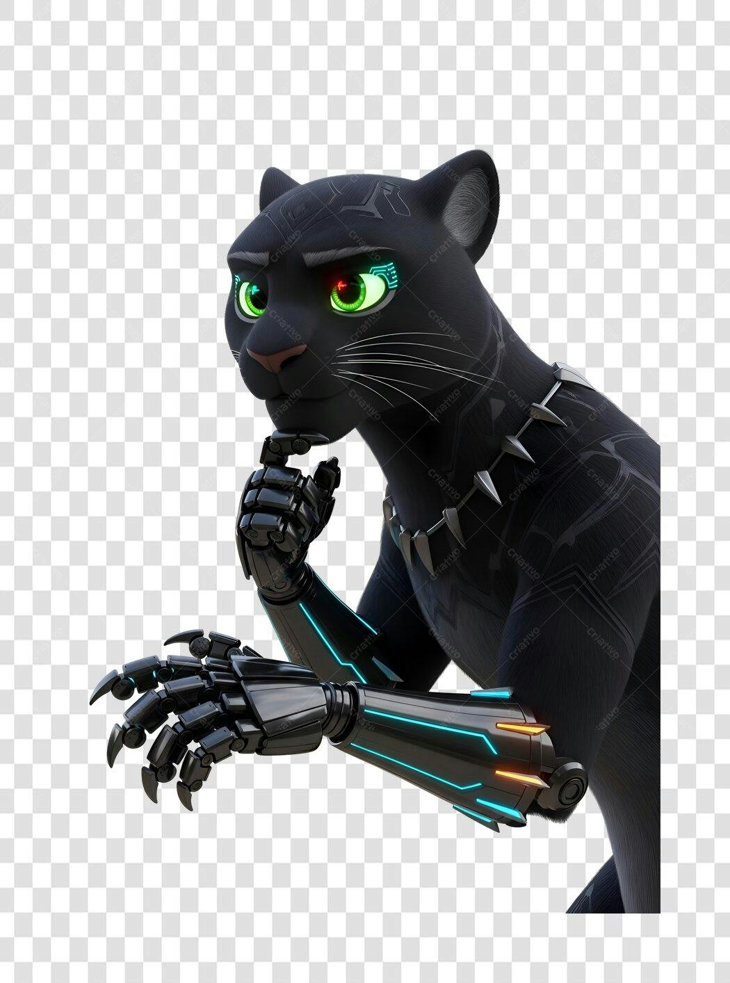Ilustração Pantera Negra Cyborg Pensando com Olhos Verdes e Detalhes Azuis PNG com fundo transparente