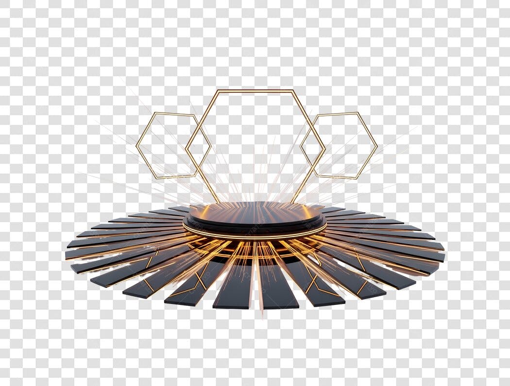 Pódio futurista para exibição de produtos em dourado e preto PNG com fundo transparente
