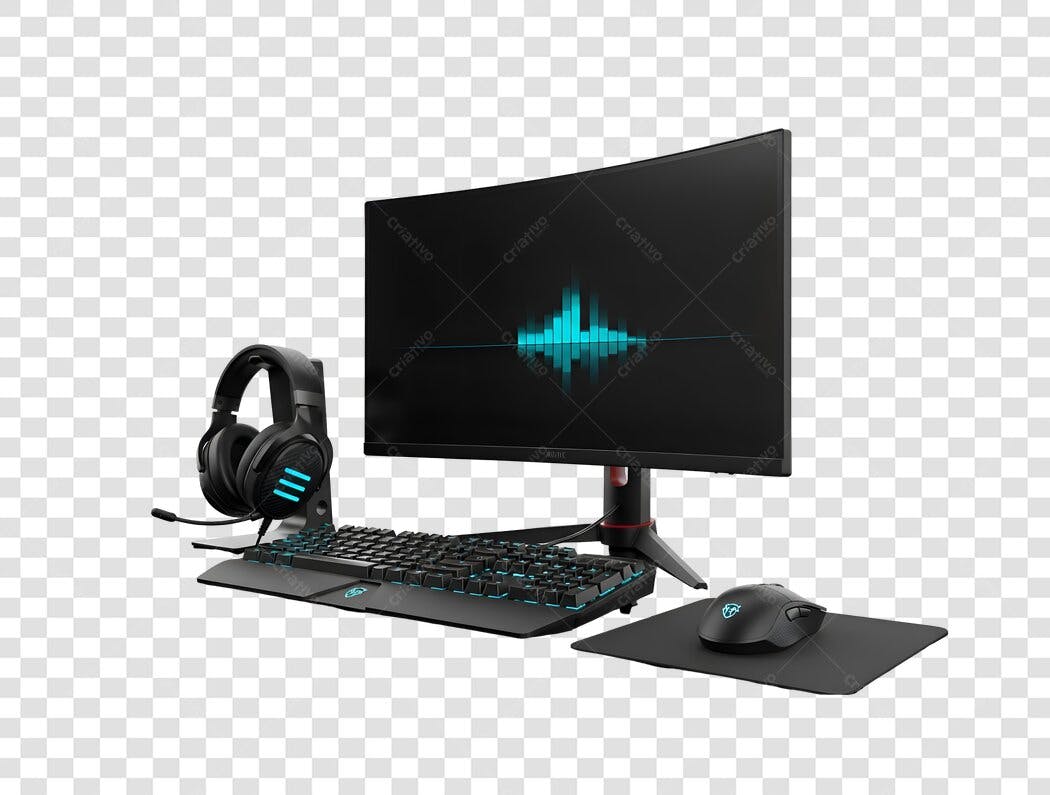 Setup Gamer Completo Periféricos Essenciais Preto e Azul PNG com fundo transparente
