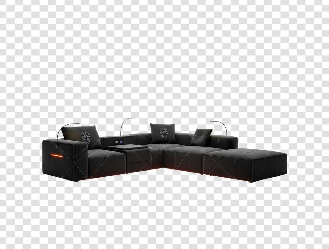 Objeto 3D Sofá L Moderno Preto com Luzes LED e Carregador para Sala PNG com fundo transparente