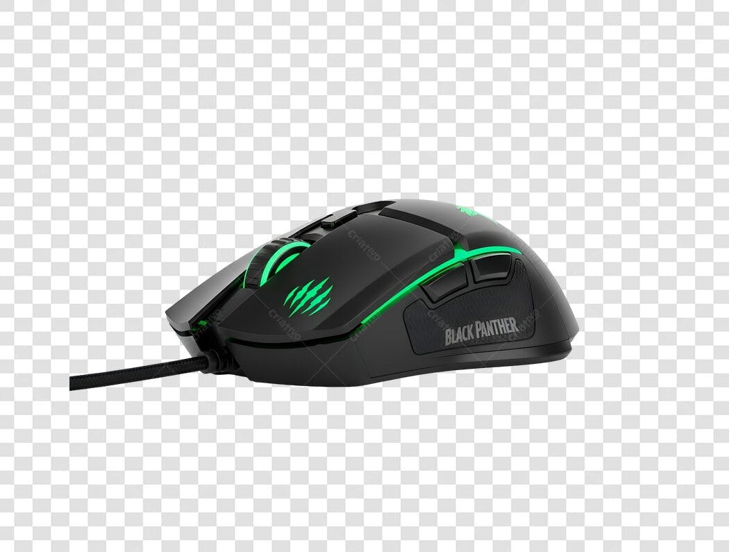 Mouse Gamer Black Panther preto luzes verdes PNG com fundo transparente